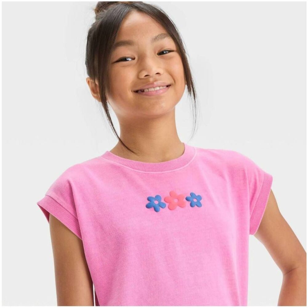 Cat & Jack Girls Weekend Wanderer Pink Short Sleeved Flowered Shirt. Size L 10/1